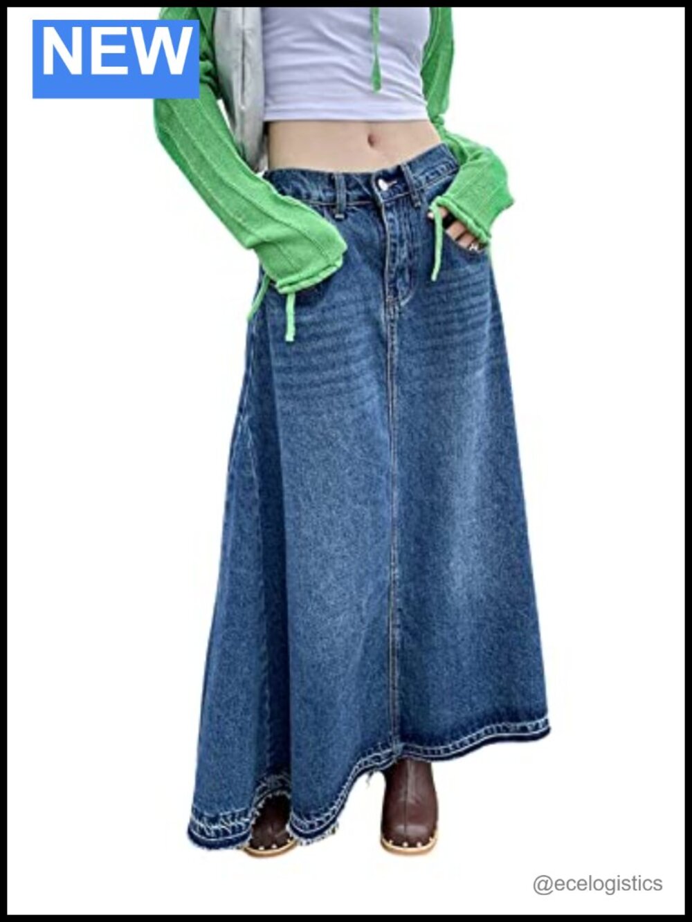 High Waist A-Line Maxi Long Denim Jean Skirt with Raw Hem